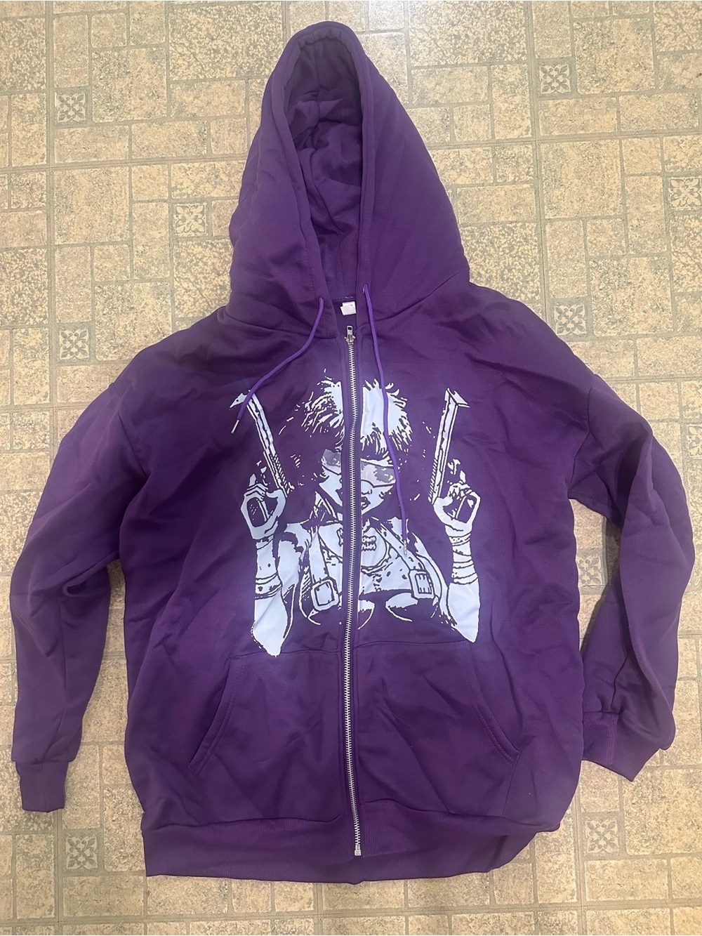 Purple Zip-Up Hoodie with Graphic Gun Girl Print